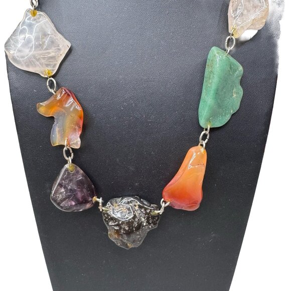 Vintage Large Nugget Multi gemstone Necklace Wire Wrapped Natural Mineral 31" - Picture 2 of 10